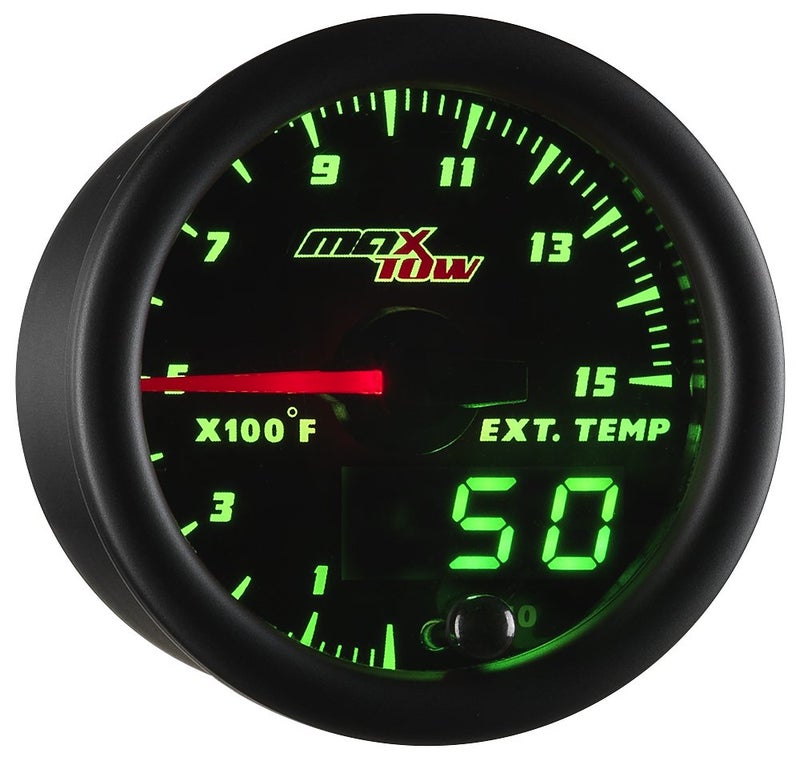 MaxTow Double Vision 1500F Pyrometer Exhaust Temp Gauge Kit - Includes 1/8-27 NPT Type K EGT Probe & Wiring - Black Dial - Green LED Lighting - Analog & Digital Readouts - for Diesel Trucks - 2-1/16" - Image 1